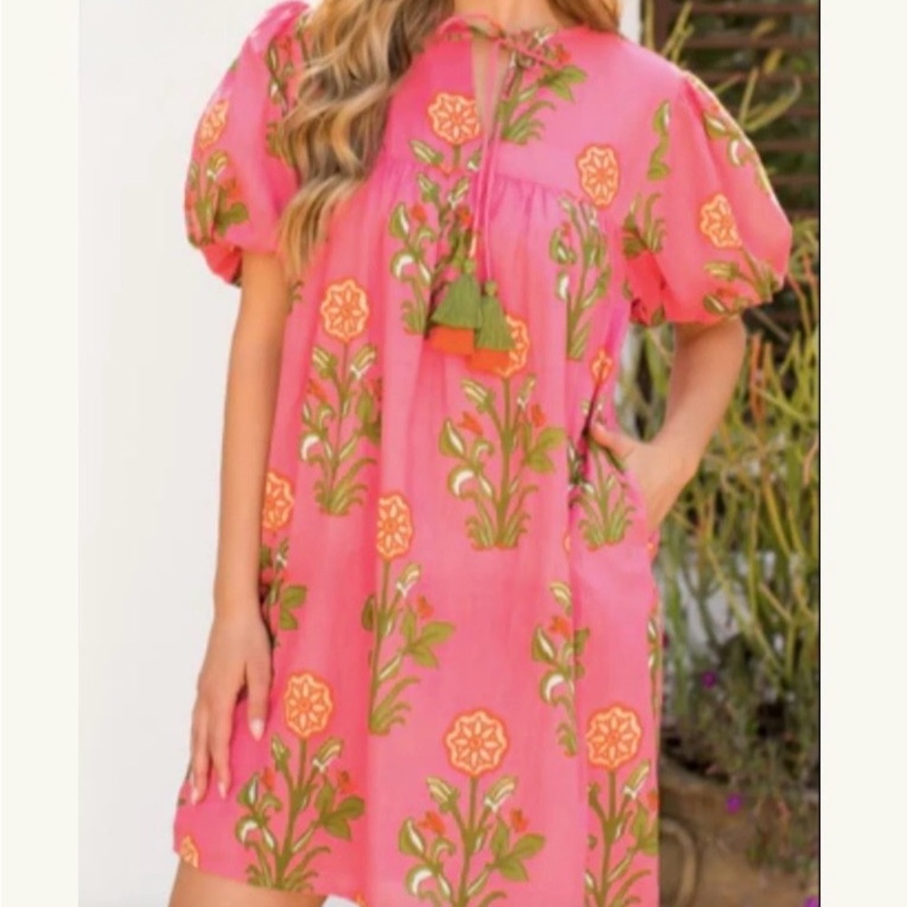 THML Pink Floral Tassel Summer Dress